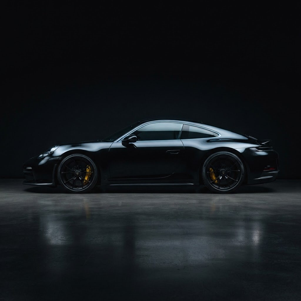 Museum-quality automotive artwork of a black Porsche 911